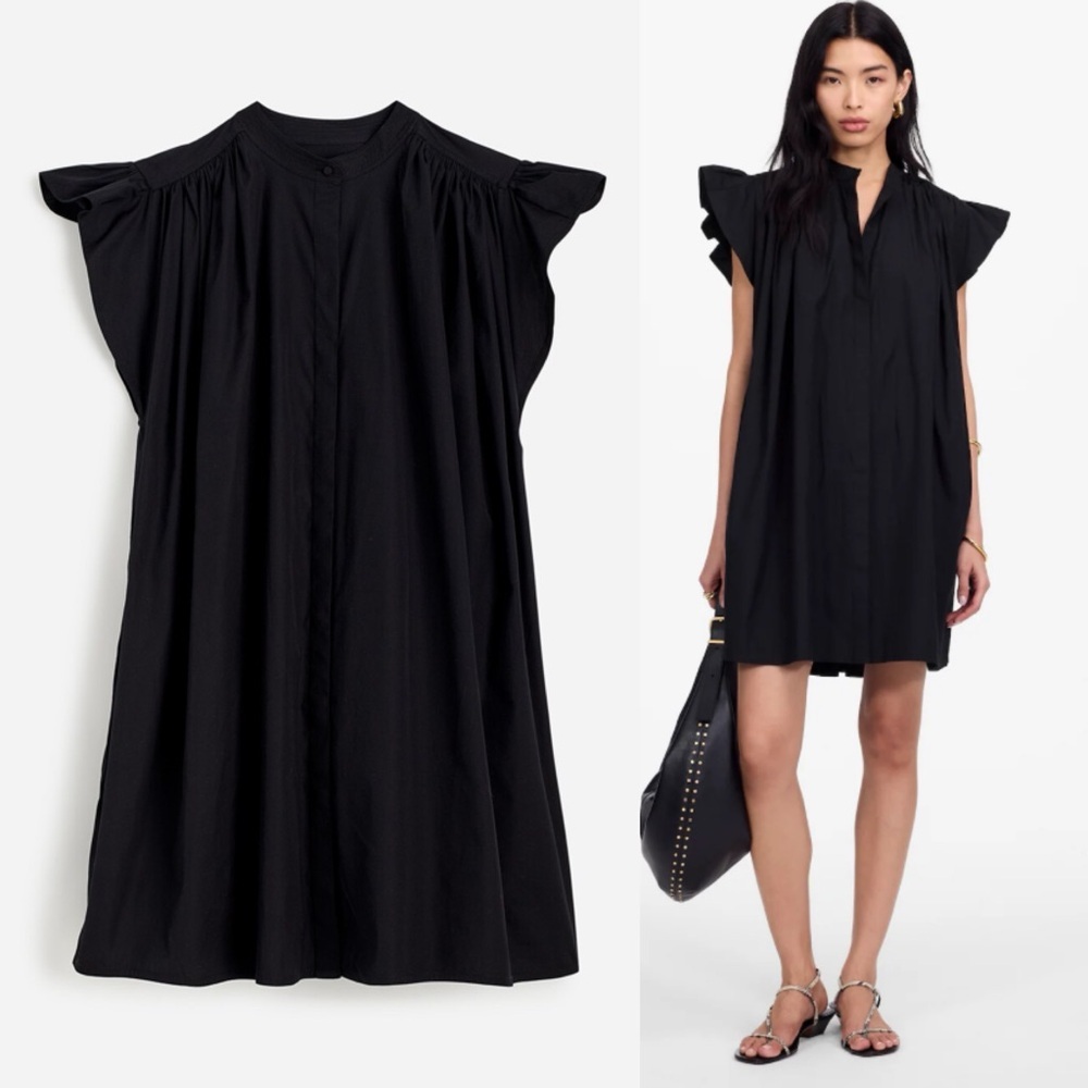 Madewell Flutter Sleeve Button-Front Mini Dress in Poplin Jet Black Size XS NWT - Picture 3 of 12